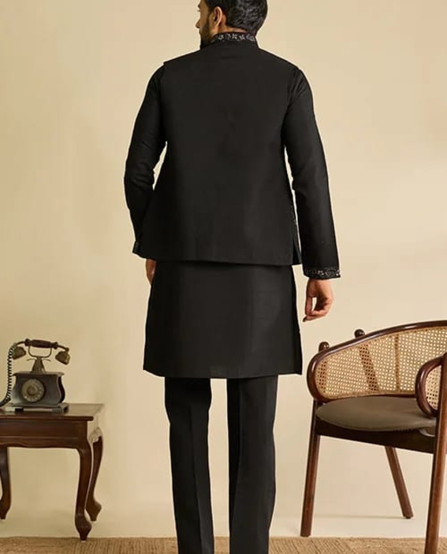 BLACK - Premium Designer Black Mirror Work Koti Kurta Set for Men